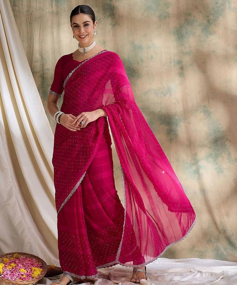 Pink embellished beads and stones saree