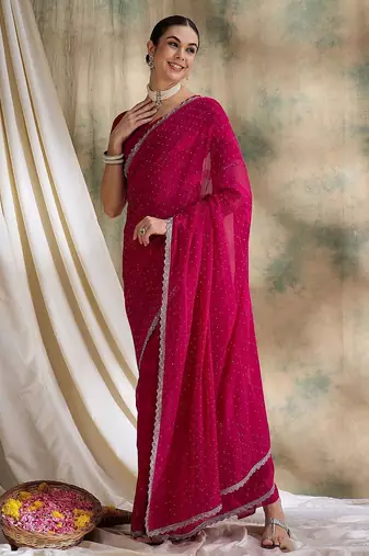Pink embellished beads and stones saree