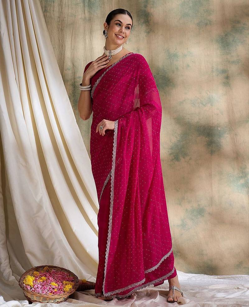 Pink embellished beads and stones saree