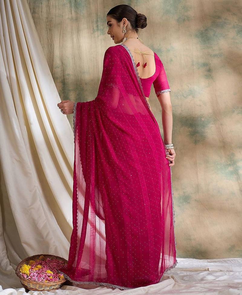 Pink embellished beads and stones saree