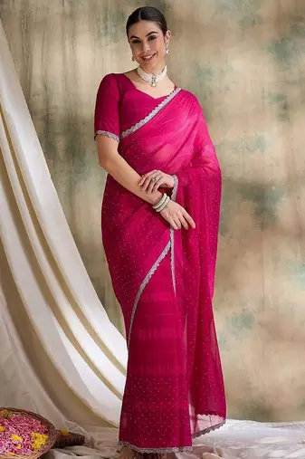Pink embellished beads and stones saree