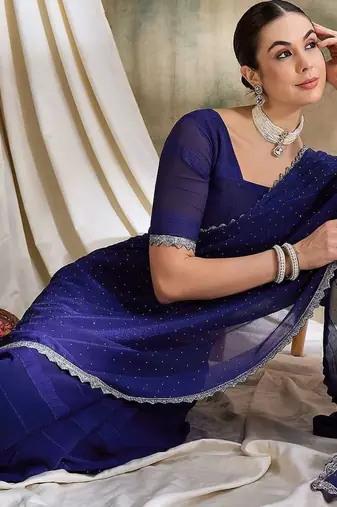 Blue polka dots embellished saree with blouse