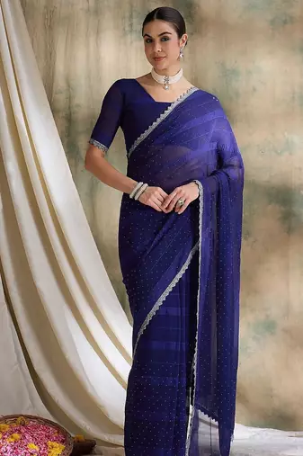 Blue polka dots embellished saree with blouse