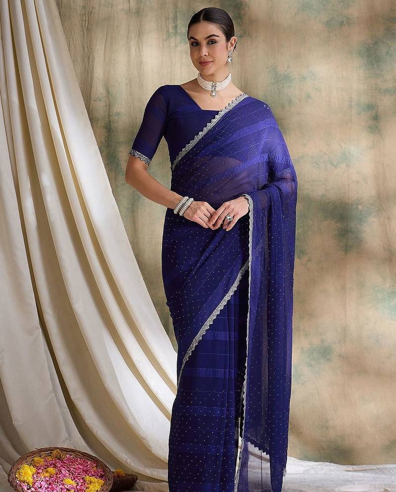 Blue polka dots embellished saree with blouse