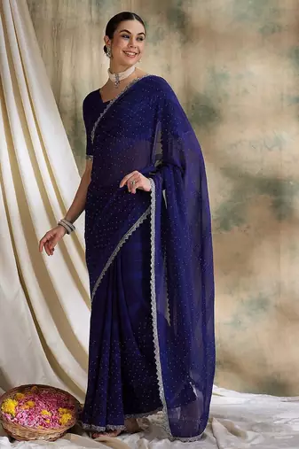 Blue polka dots embellished saree with blouse