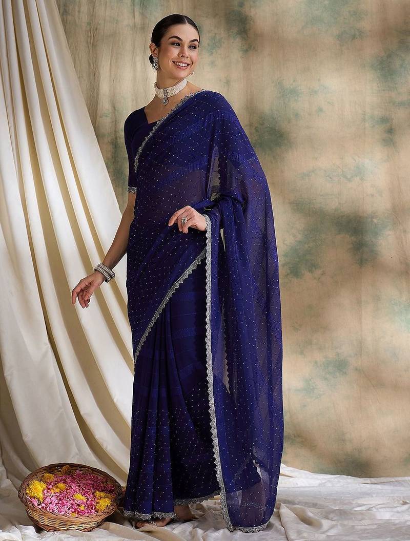 Blue polka dots embellished saree with blouse
