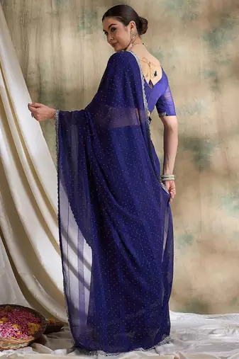 Blue polka dots embellished saree with blouse
