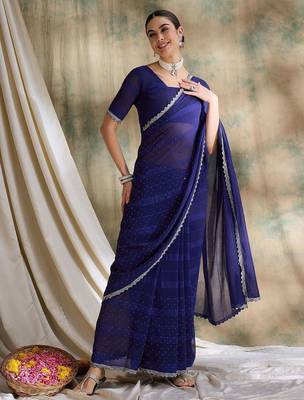 Blue polka dots embellished saree with blouse 5