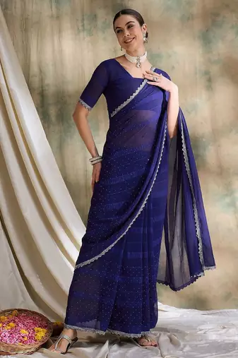 Blue polka dots embellished saree with blouse