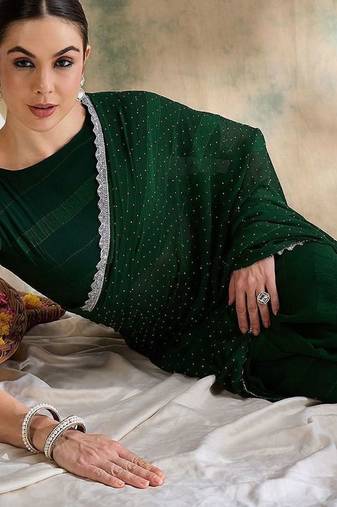 Green embellished saree with blouse piece