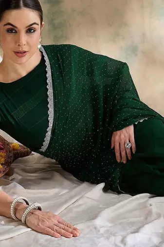 Green embellished saree with blouse piece