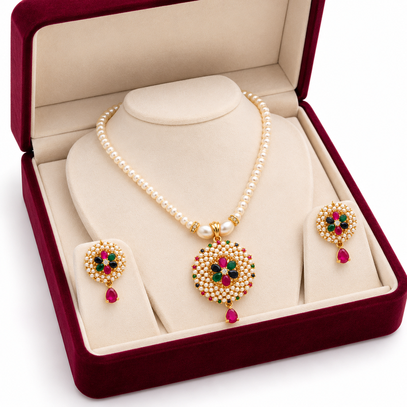 Certified Pearls Royal Multicolour Pendant Set