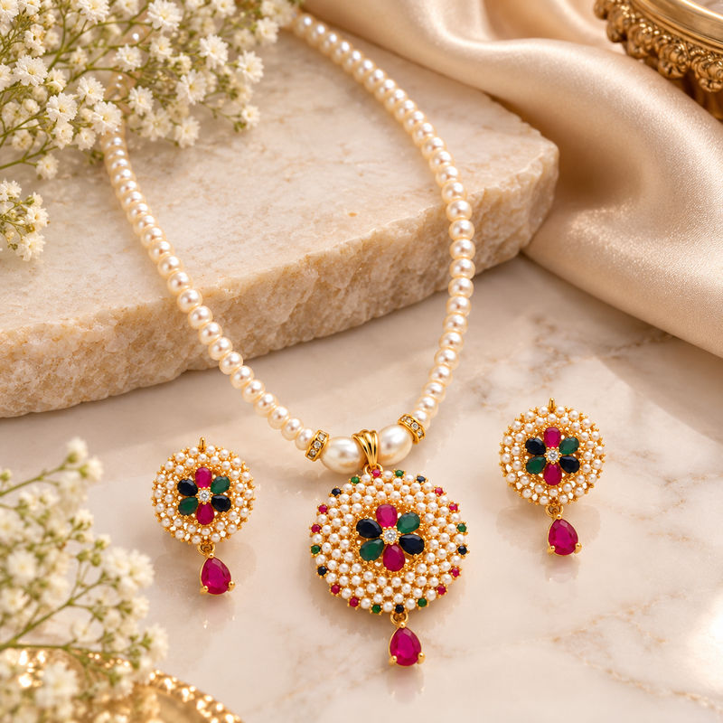 Certified Pearls Royal Multicolour Pendant Set
