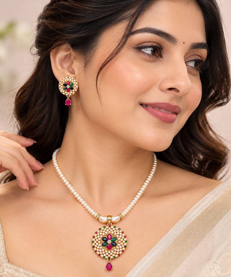 Certified Pearls Royal Multicolour Pendant Set