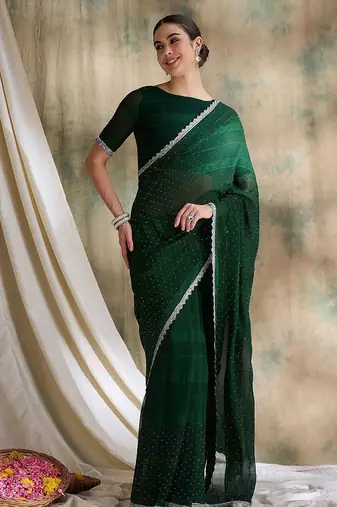 Green embellished saree with blouse piece