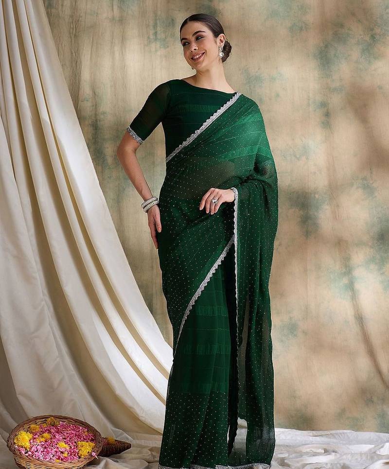 Green embellished saree with blouse piece