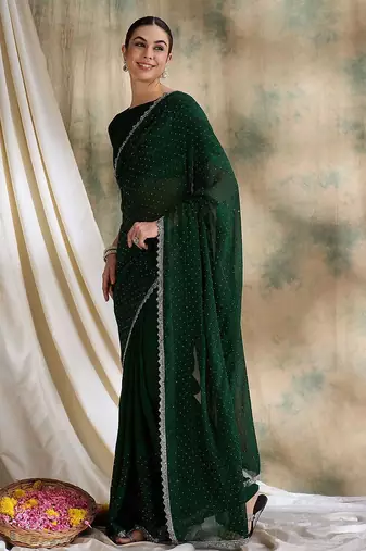 Green embellished saree with blouse piece