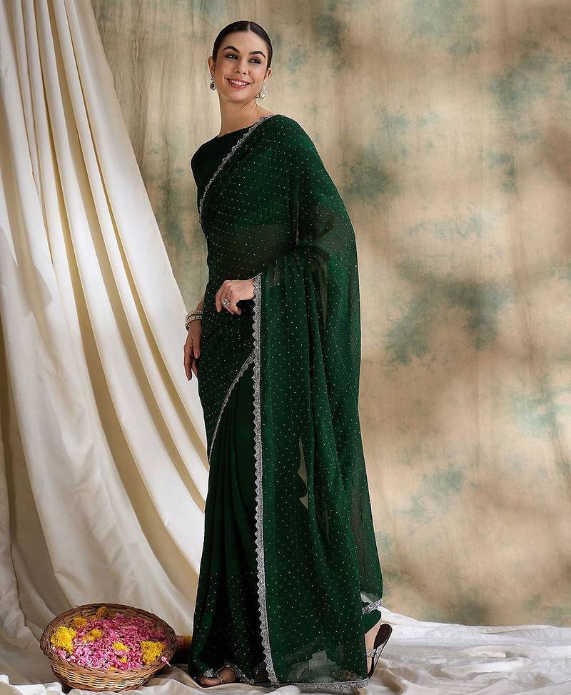 Green embellished saree with blouse piece