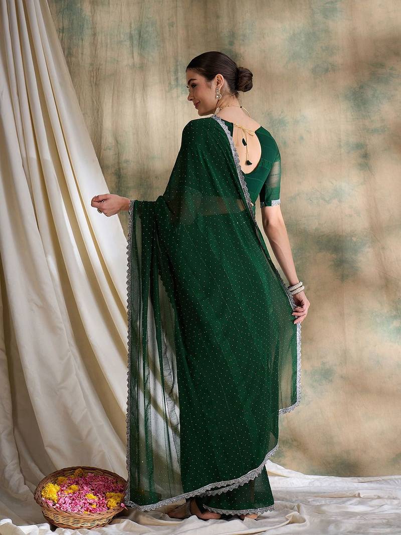 Green embellished saree with blouse piece