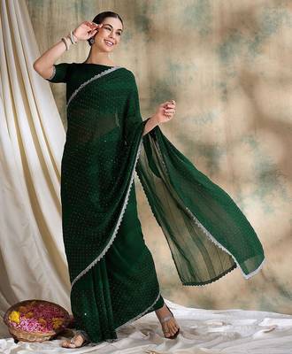 Green embellished saree with blouse piece 5