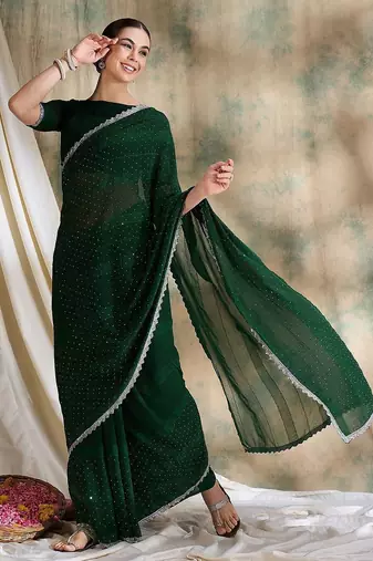 Green embellished saree with blouse piece
