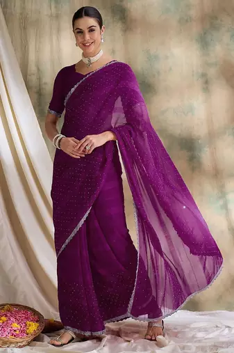 Purple embellished saree with blouse