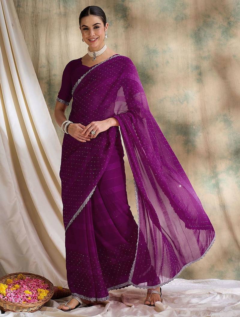 Purple embellished saree with blouse
