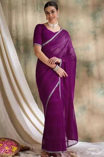 Purple embellished saree with blouse