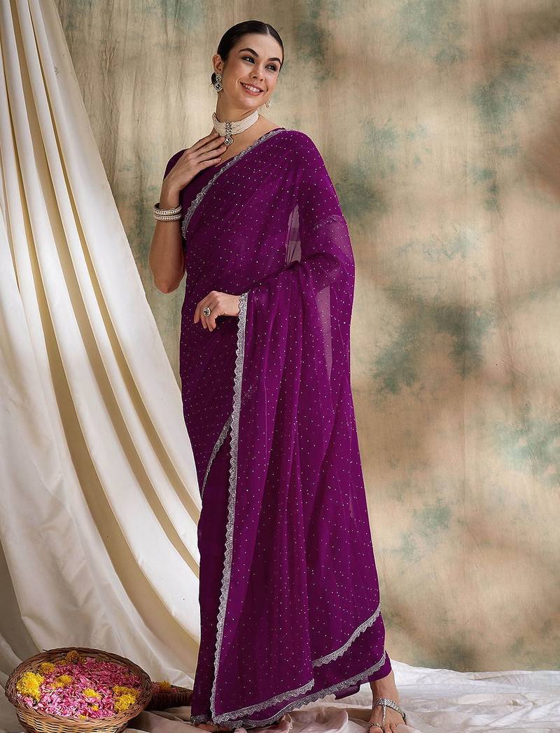 Purple embellished saree with blouse