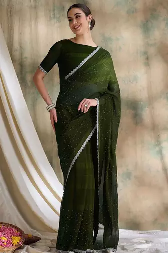 Teal embellished saree with blouse piece