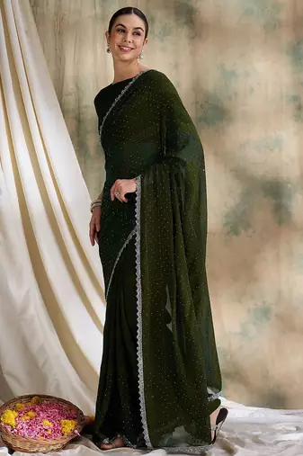 Teal embellished saree with blouse piece