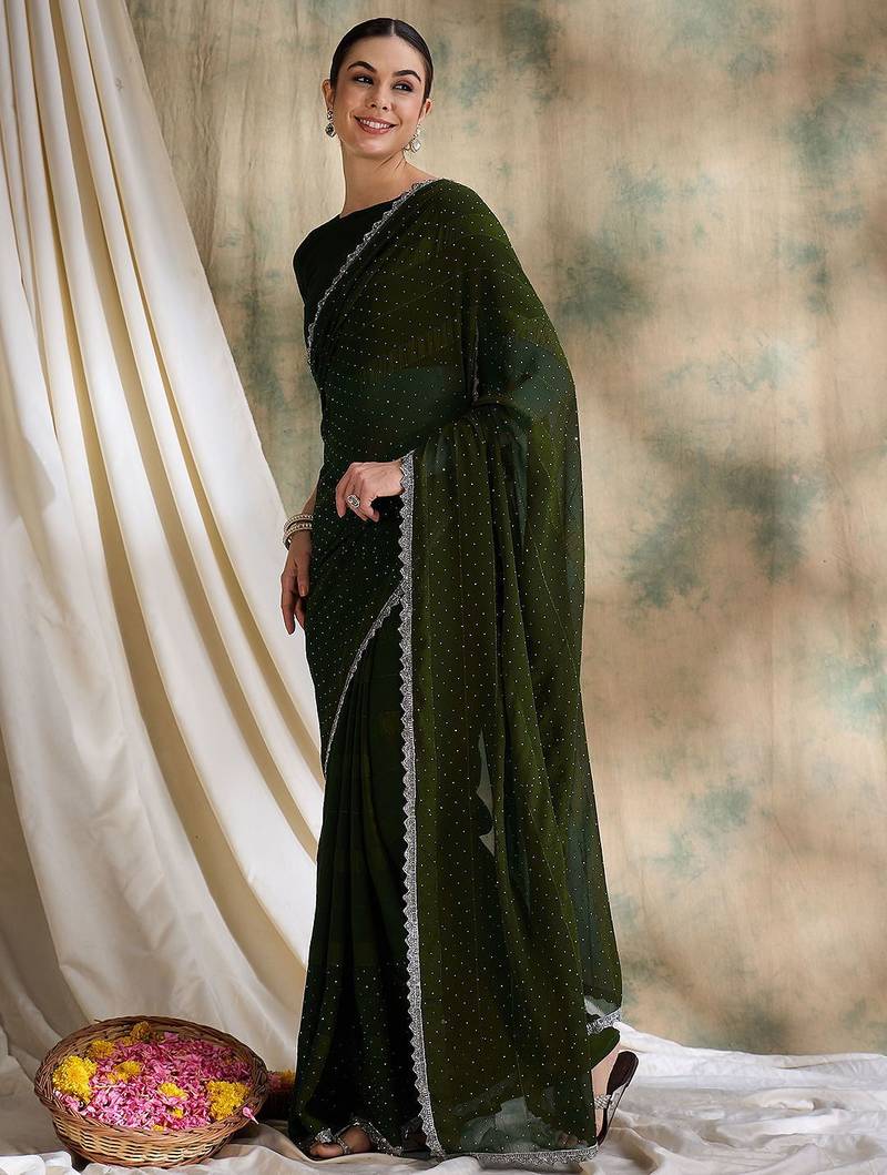 Teal embellished saree with blouse piece