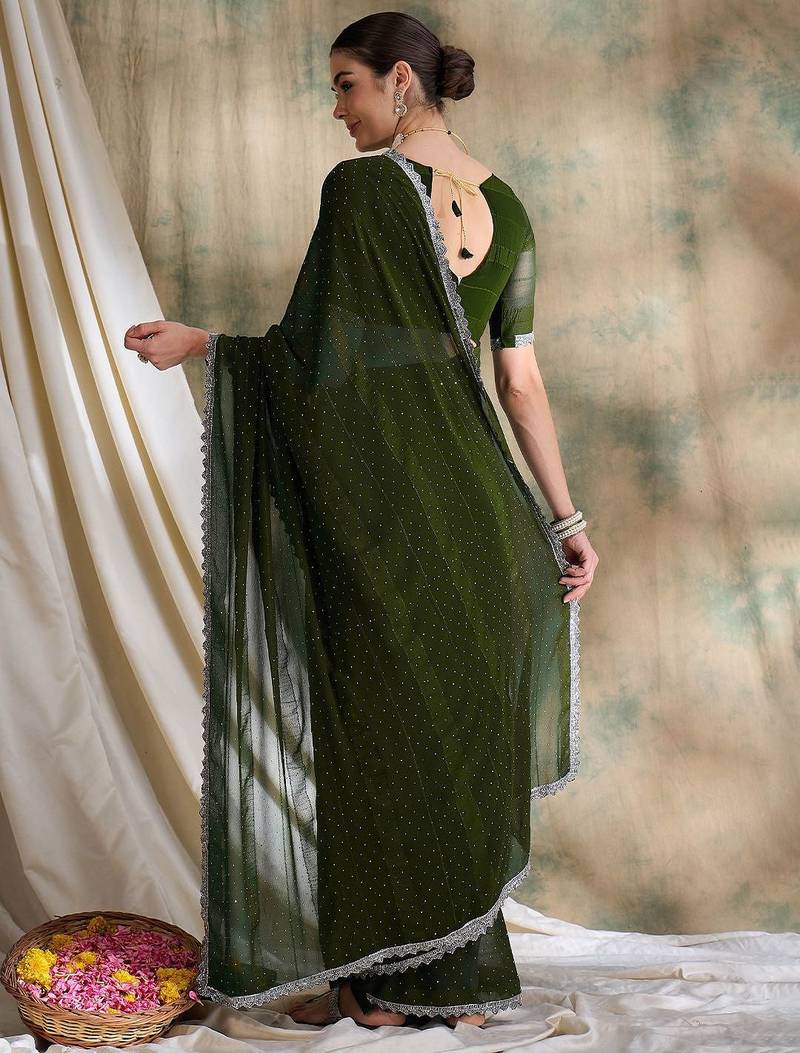 Teal embellished saree with blouse piece