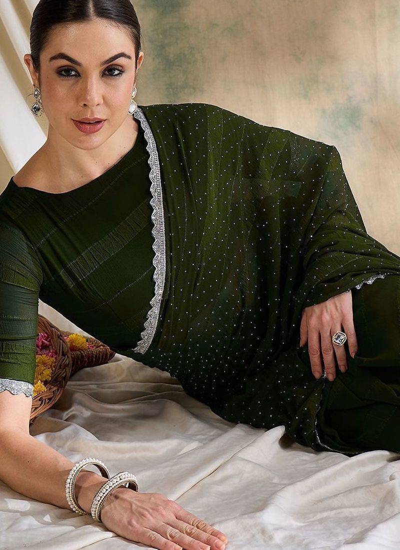 Teal embellished saree with blouse piece