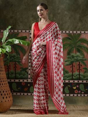 Red ready to wear satin floral digital printed saree 1