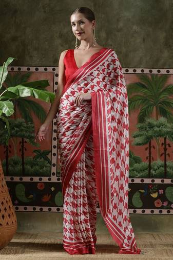 Red ready to wear satin floral digital printed saree