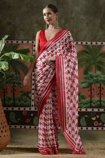 Red ready to wear satin floral digital printed saree