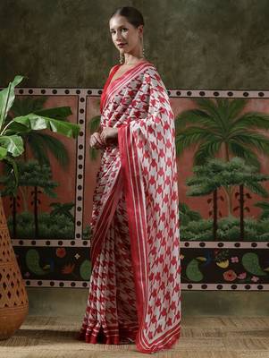 Red ready to wear satin floral digital printed saree 2