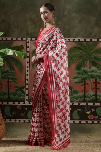 Red ready to wear satin floral digital printed saree