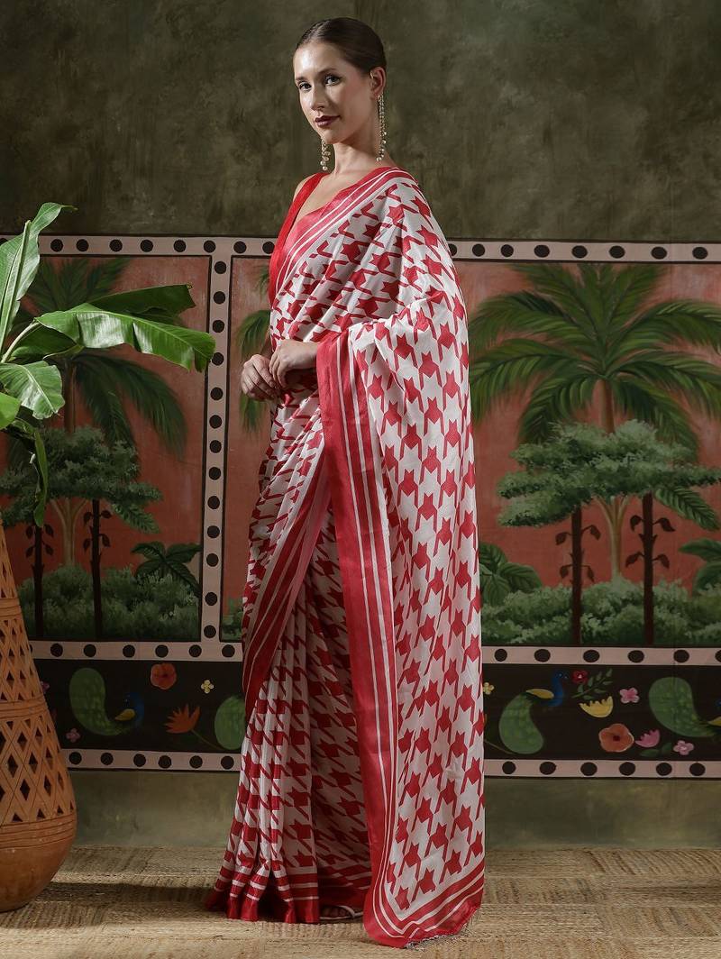 Red ready to wear satin floral digital printed saree
