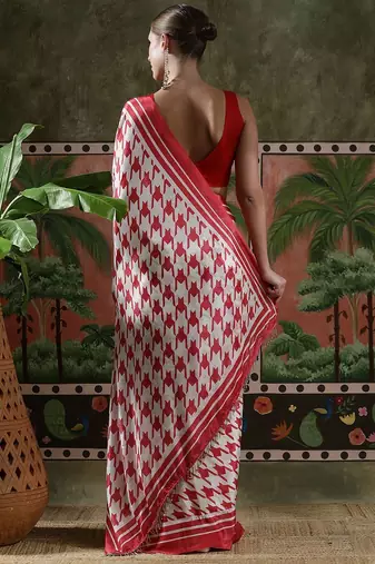Red ready to wear satin floral digital printed saree