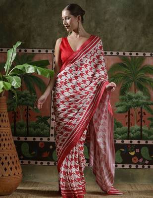 Red ready to wear satin floral digital printed saree 4