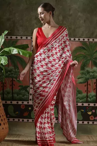 Red ready to wear satin floral digital printed saree