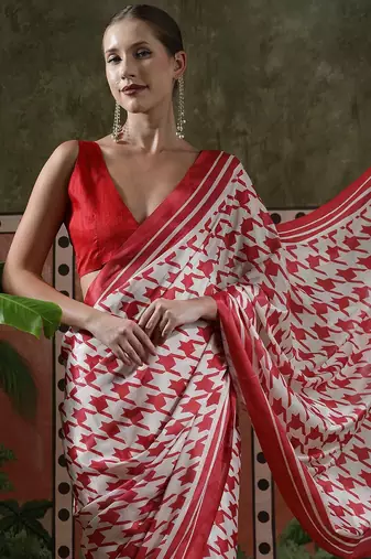 Red ready to wear satin floral digital printed saree
