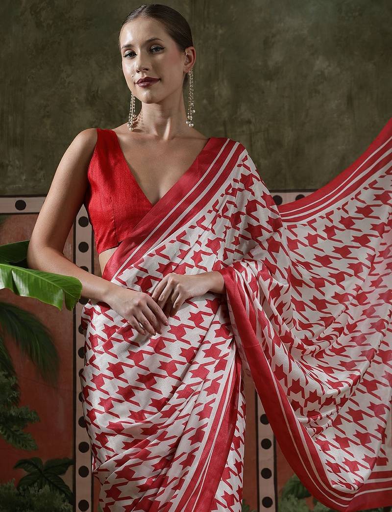 Red ready to wear satin floral digital printed saree