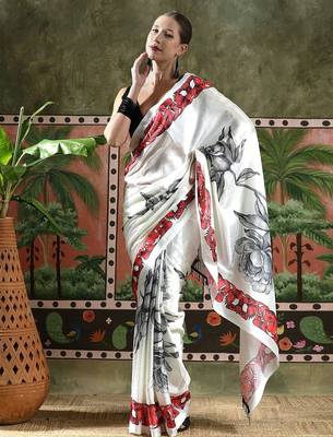 White ready to wear satin floral digital printed saree 1