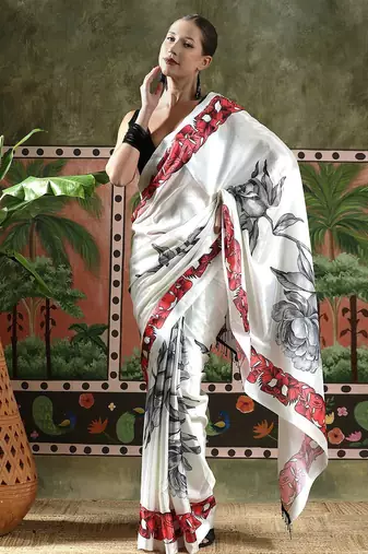 White ready to wear satin floral digital printed saree