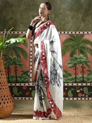 White ready to wear satin floral digital printed saree 2