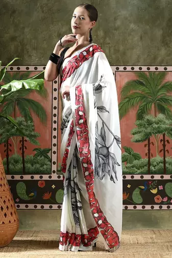 White ready to wear satin floral digital printed saree
