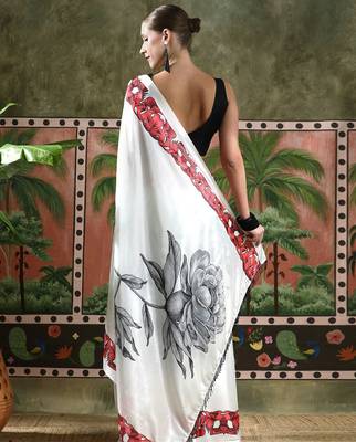 White ready to wear satin floral digital printed saree 3